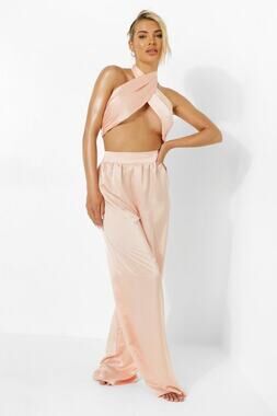 NWT Sz.2 Top & Sz.4 Pants BooHoo Satin Wide-Leg Resortwear Champagne Beach